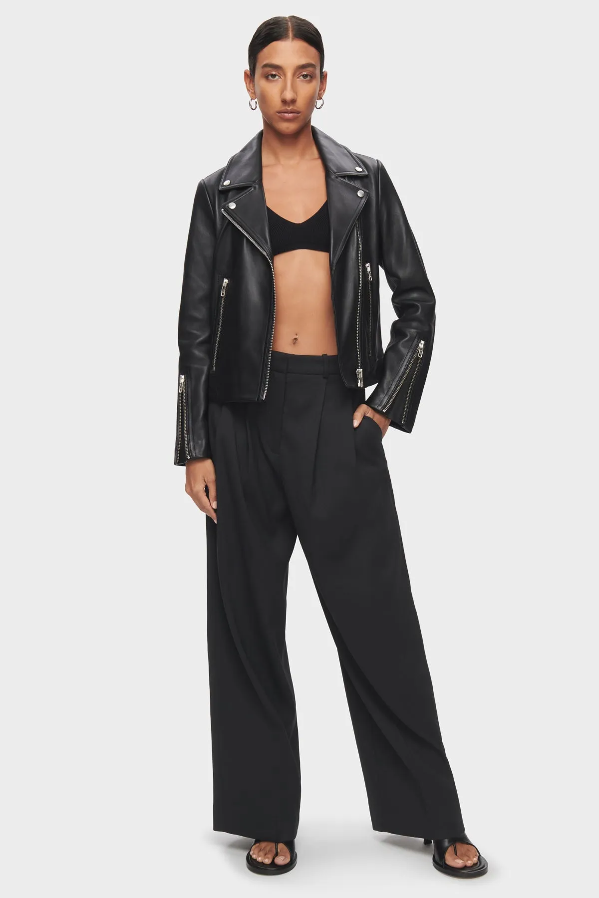 DSTLD Women's Leather Biker Jacket in Black with Silver Hardware sold by Bailey 44