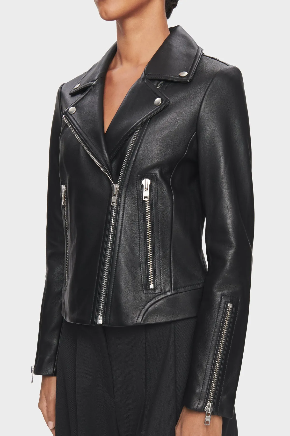 DSTLD Women's Leather Biker Jacket in Black with Silver Hardware sold by Bailey 44 product image thumbnail 3
