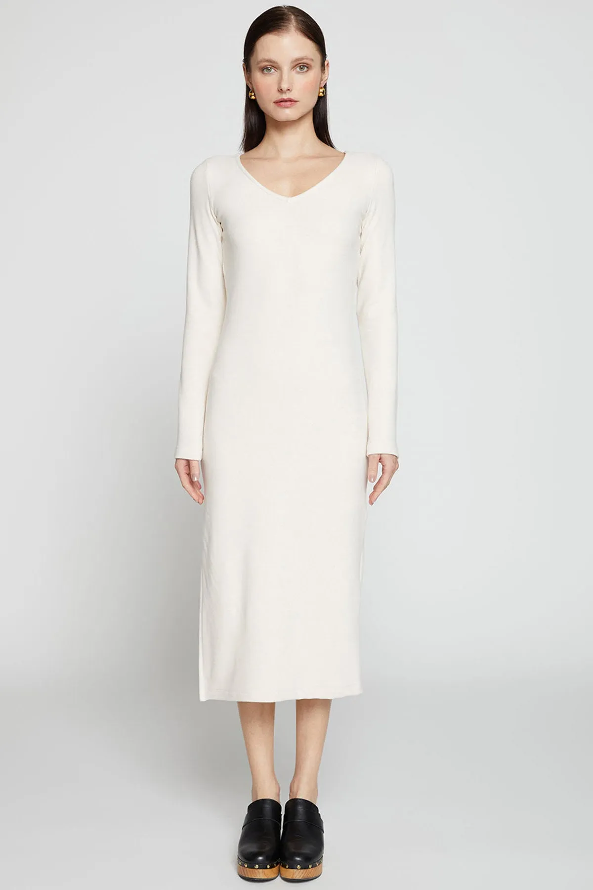 Stateside Honeyluxe Flatback Rib Double V-Neck Dress in Cream sold by Bailey 44