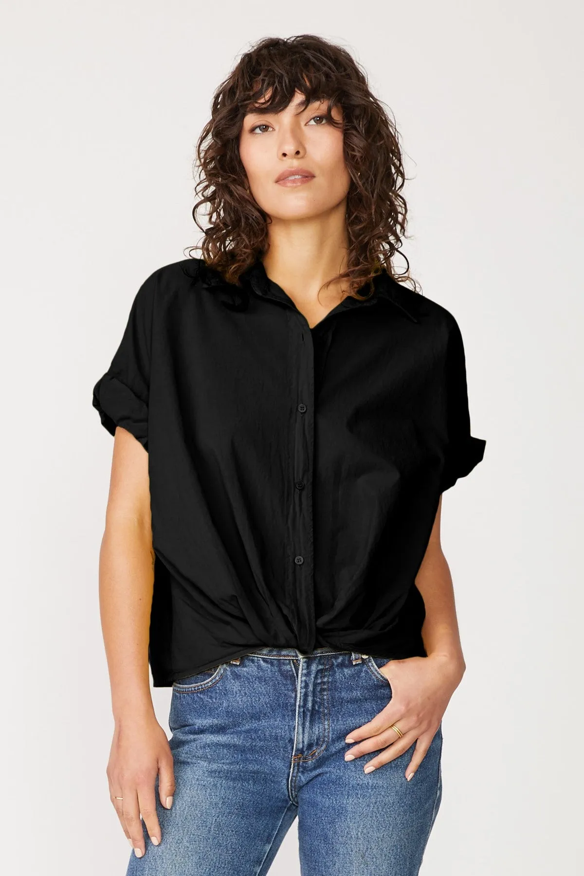 Stateside Voile Short Sleeve Front Twist Button Up Shirt in Black sold by Bailey 44