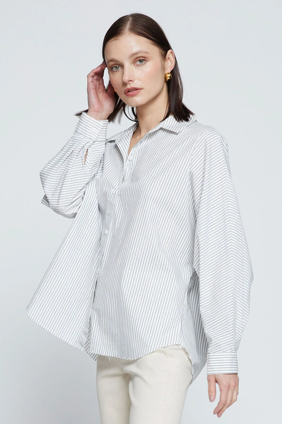 Stateside Elliott Poplin Stripe Dolman Shirt in Verde sold by Bailey 44