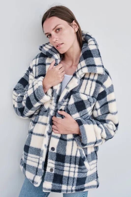 Stateside Double Faced Sherpa Jacket in Navy/Cream Plaid sold by Bailey 44