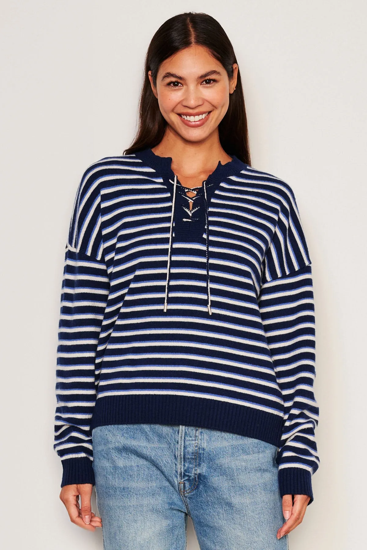 Sundry Stripes Lace Up Sweater in Oyster sold by Bailey 44