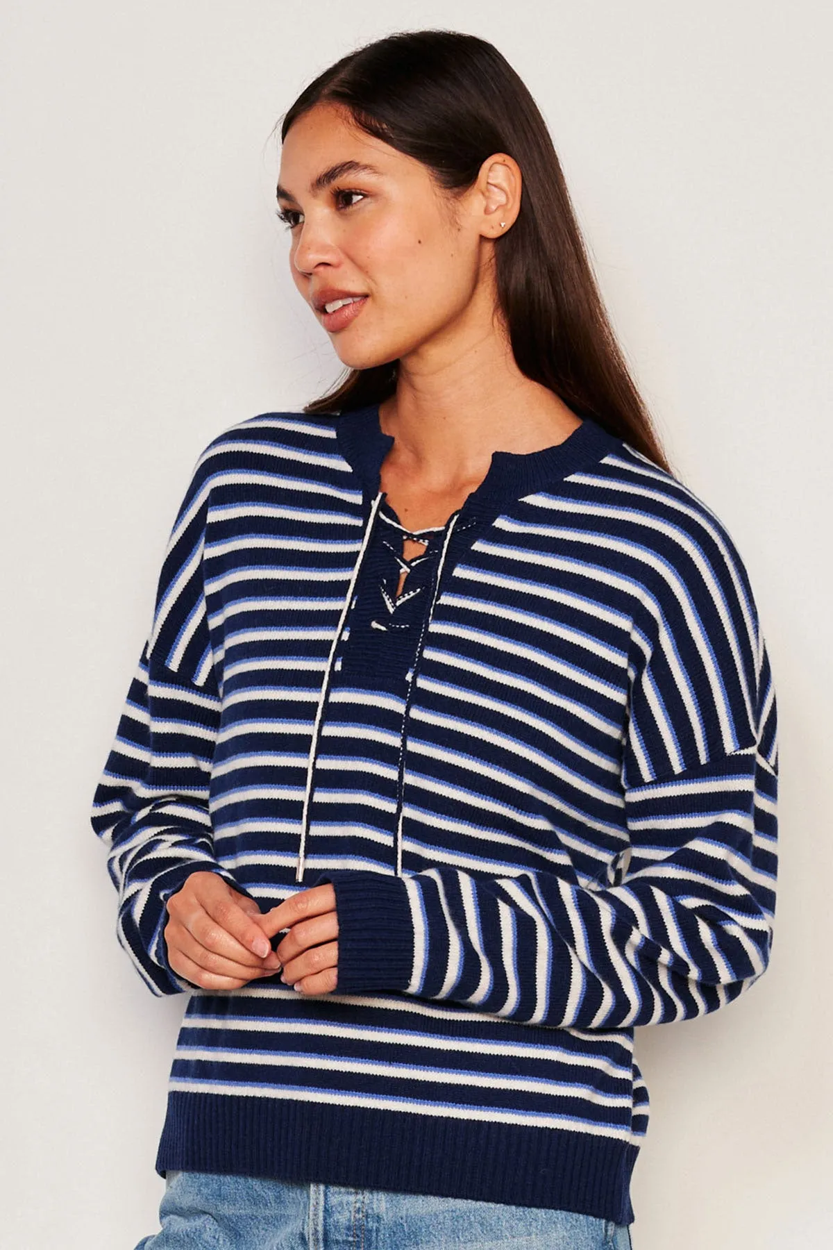 Sundry Stripes Lace Up Sweater in Oyster sold by Bailey 44 product image thumbnail 2