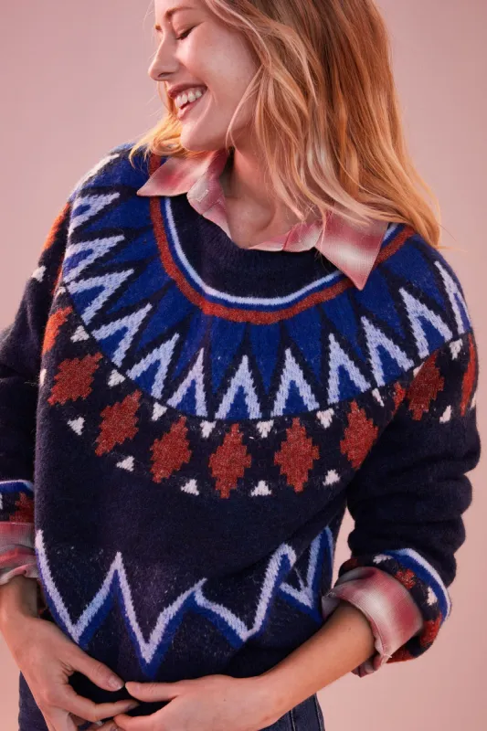 Sundry Fairisle Crew Neck Sweater in Deep Navy sold by Bailey 44