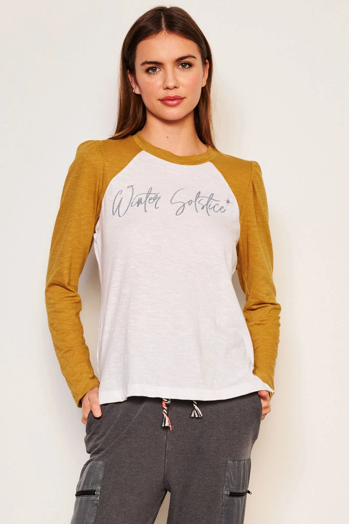 Sundry Winter Solstice Long Sleeve Contrast Sleeve Tee in Optic White sold by Bailey 44