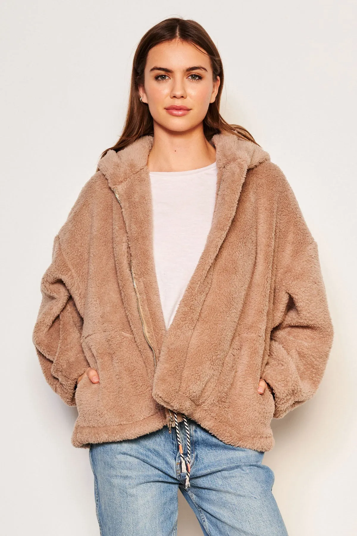 Sundry Sherpa Hooded Coat in Taupe sold by Bailey 44