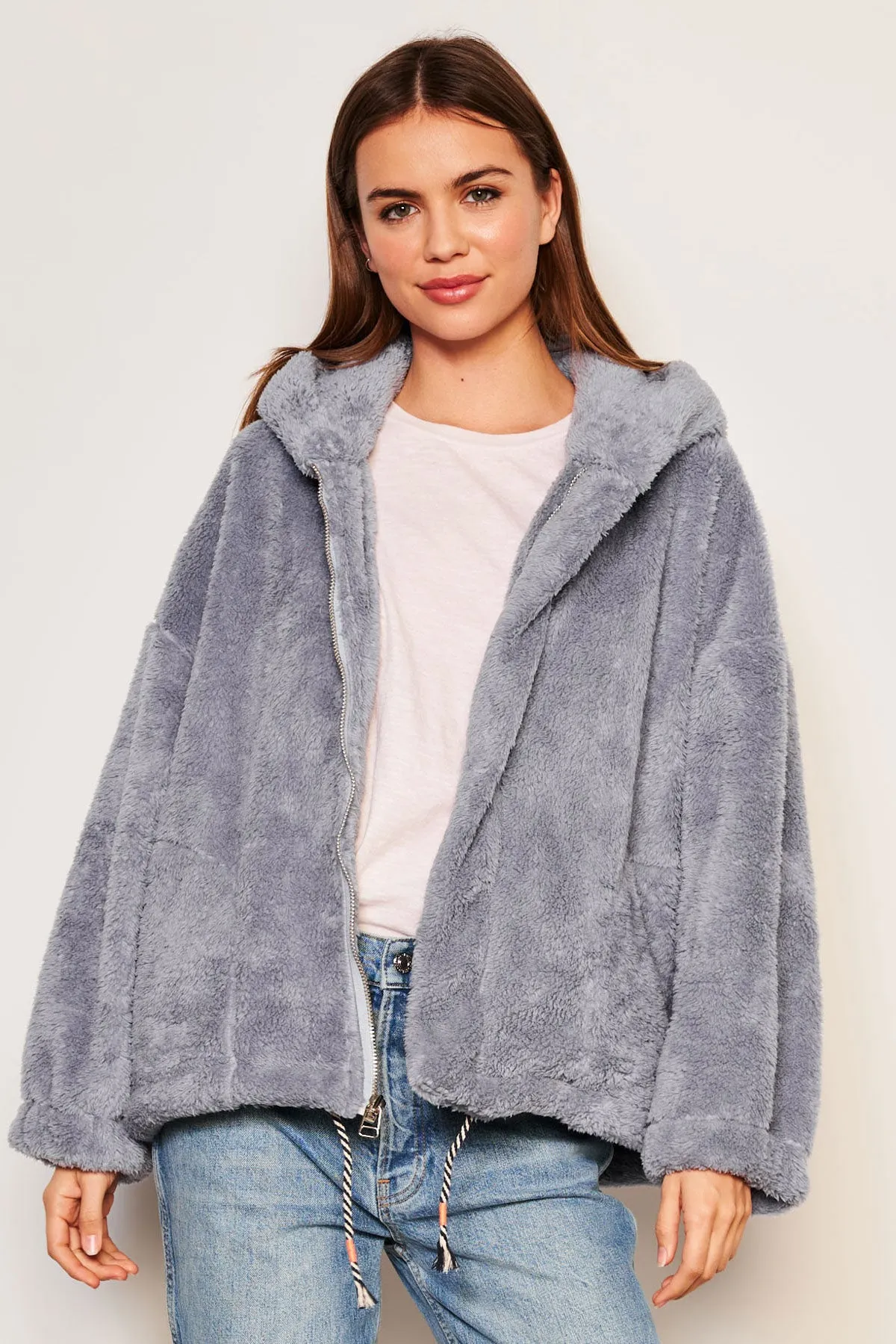 Sundry Sherpa Hooded Coat in Blue Linen sold by Bailey 44