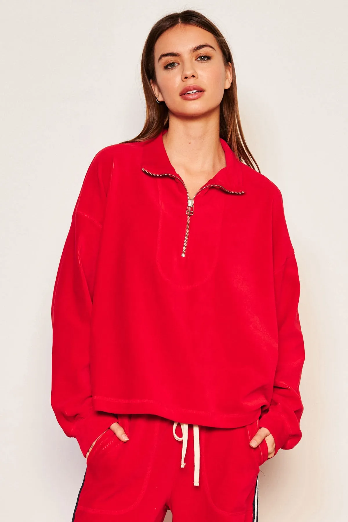 Sundry Crop Half Zip Popover Sweatshirt in Flare Red sold by Bailey 44