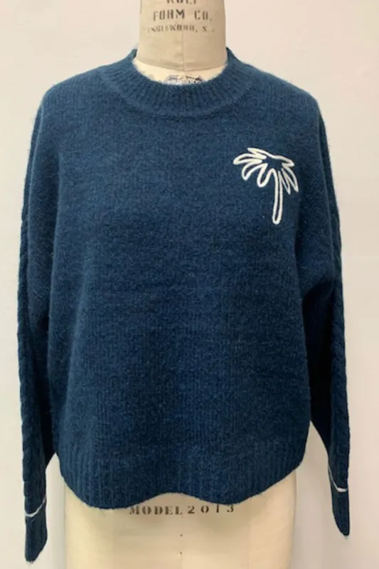 Sundry Cable Sleeve Sweater with Embroidery in Deep Navy sold by Bailey 44