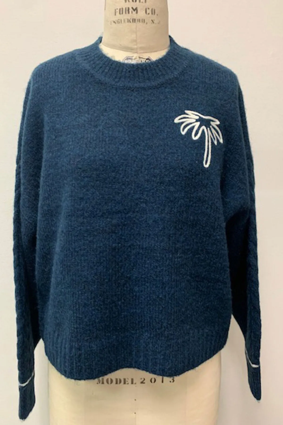 Sundry Cable Sleeve Sweater with Embroidery in Deep Navy sold by Bailey 44