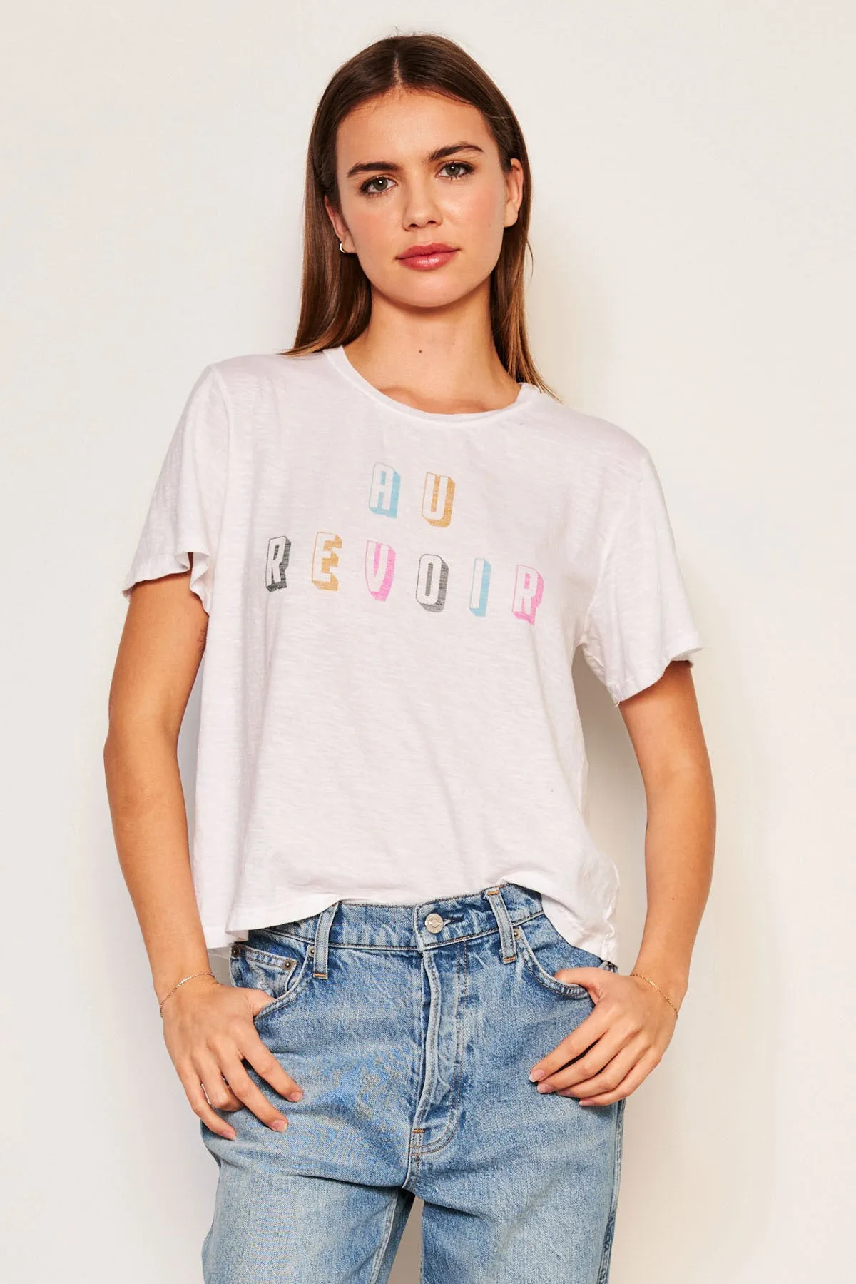 Sundry Au Revoir Crew Neck Tee in Optic White sold by Bailey 44