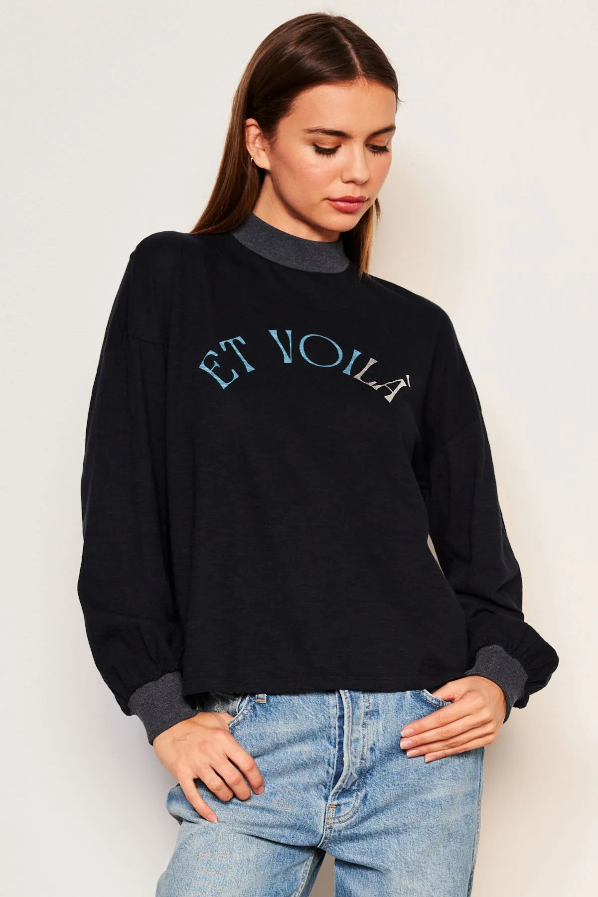 Sundry Et Voila Mock Neck Long Sleeve Tee in Deep Navy sold by Bailey 44