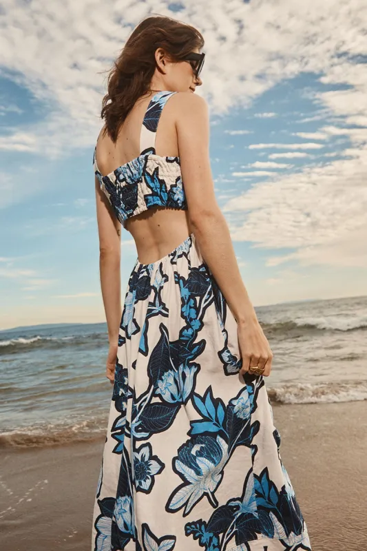 Stateside Tropical Floral Linen Maxi Dress in Sport Blue sold by Bailey 44
