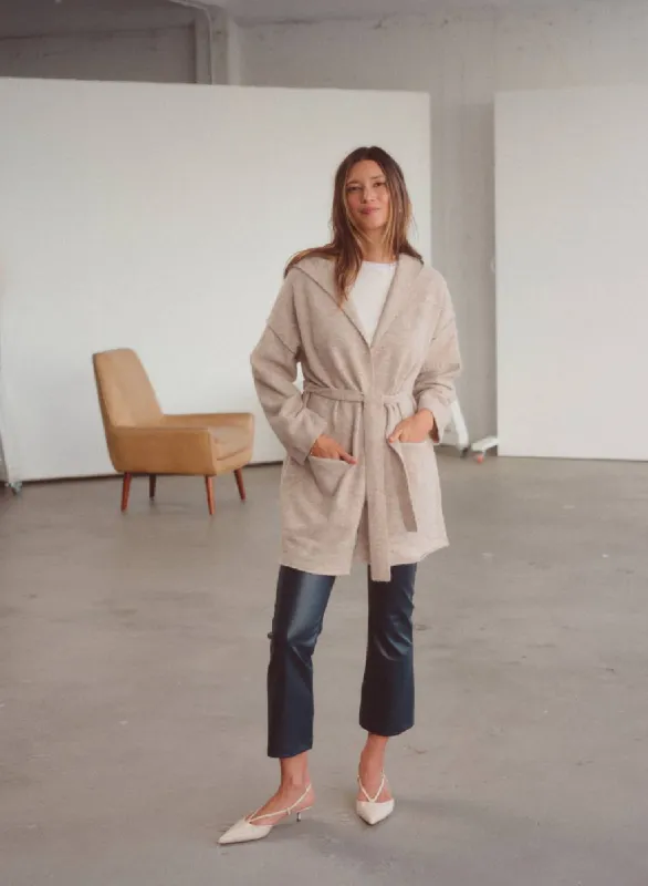 Belted Hooded Cardigan Sweater in Oatmeal Heather sold by Bailey 44