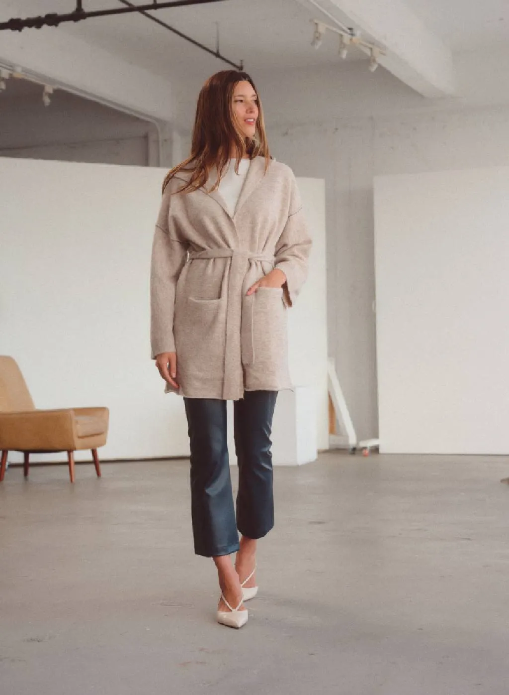 Belted Hooded Cardigan Sweater in Oatmeal Heather sold by Bailey 44 product image thumbnail 3