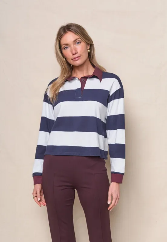 Wide Stripe Pique Cropped Polo in New Navy/Cream sold by Bailey 44
