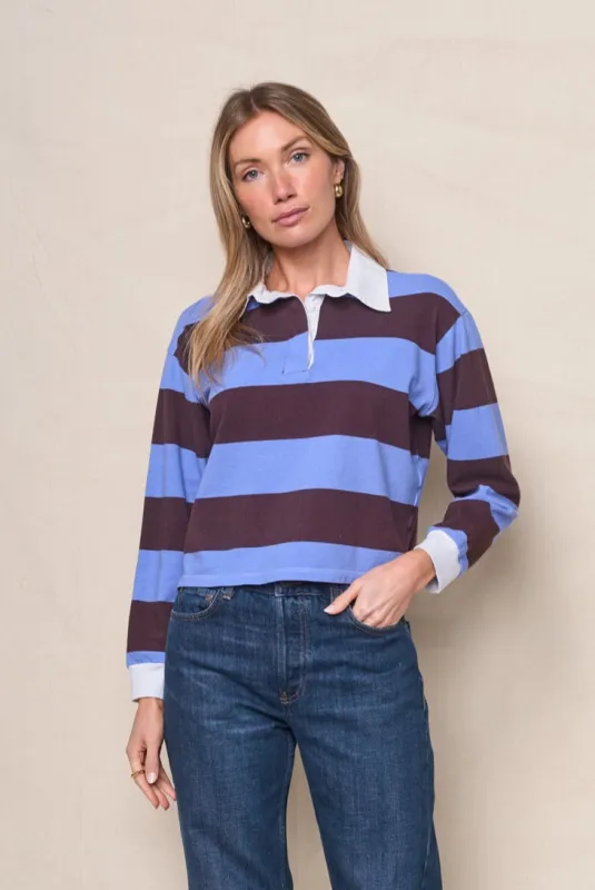 Wide Stripe Pique Cropped Polo in Cabernet/Blue Topaz sold by Bailey 44
