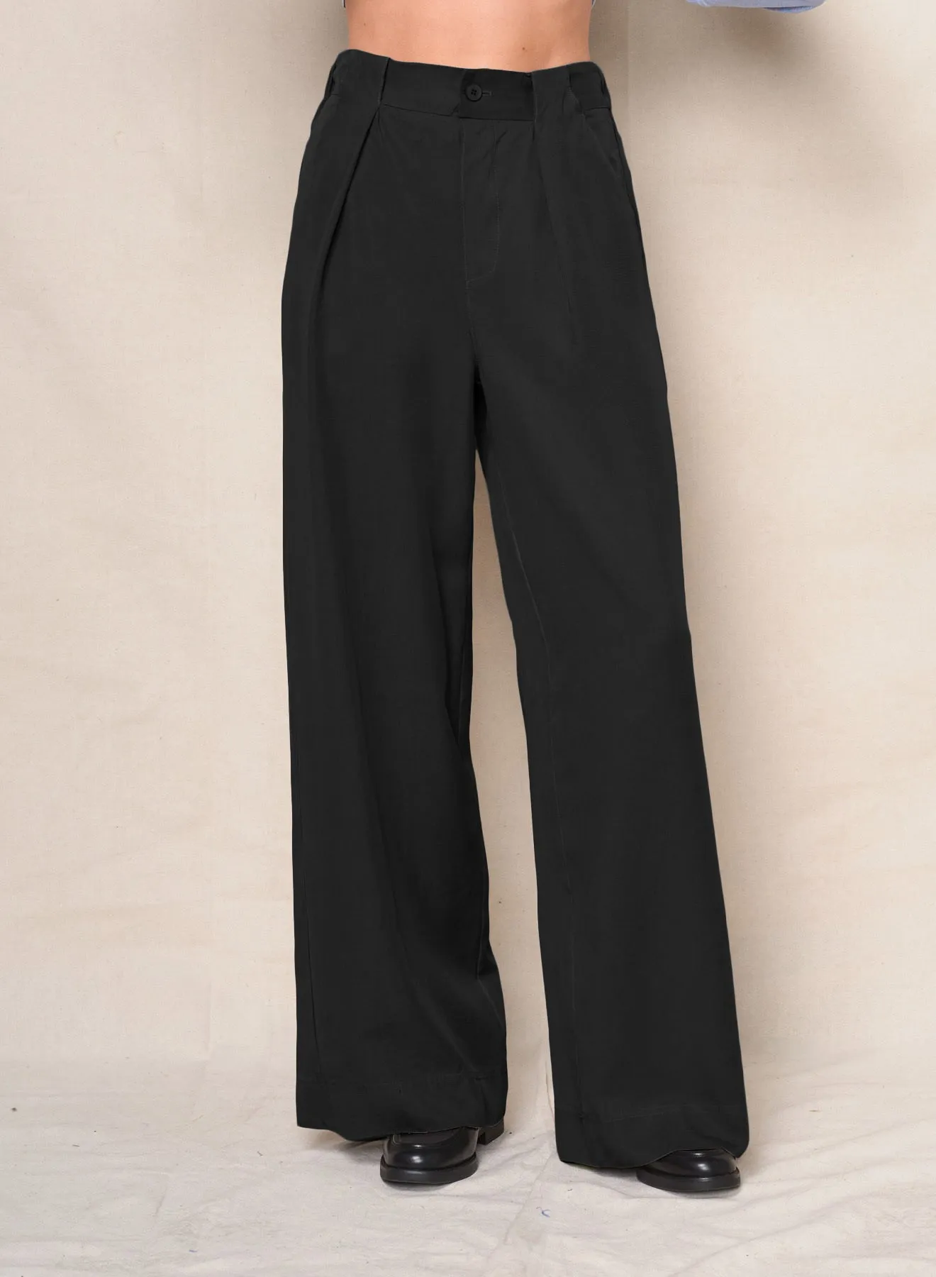Drapey Twill Wide Leg Trouser in Black sold by Bailey 44
