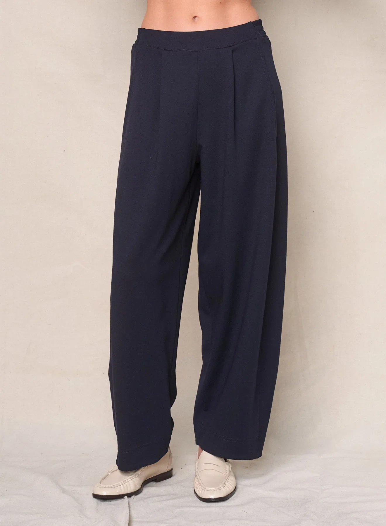 Luxe Ponte Barrel Trouser in New Navy sold by Bailey 44