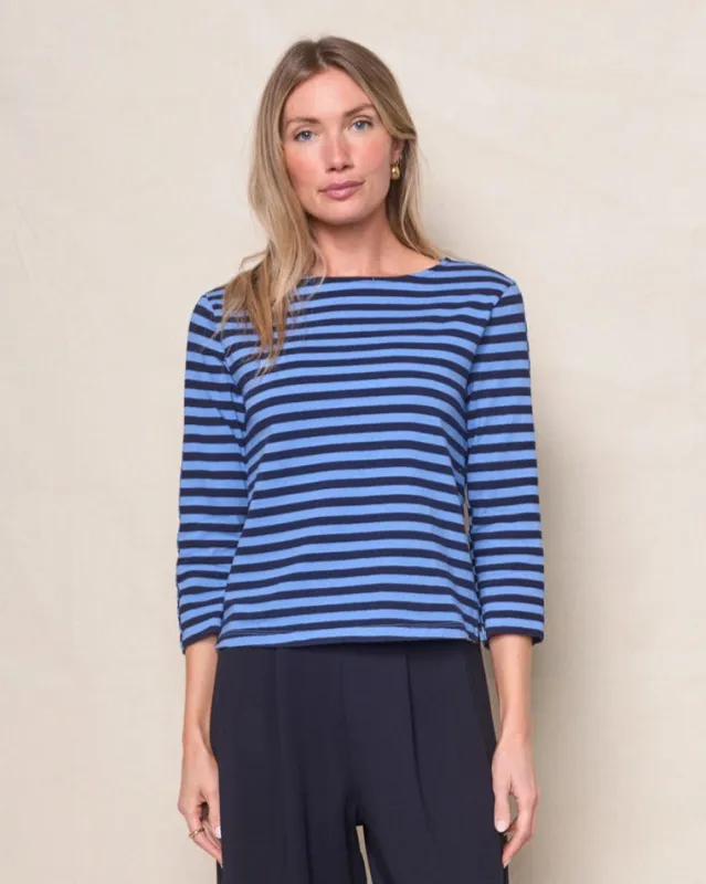 Preppy Stripe 3/4 Sleeve Boatneck Top in Blue Topaz sold by Bailey 44