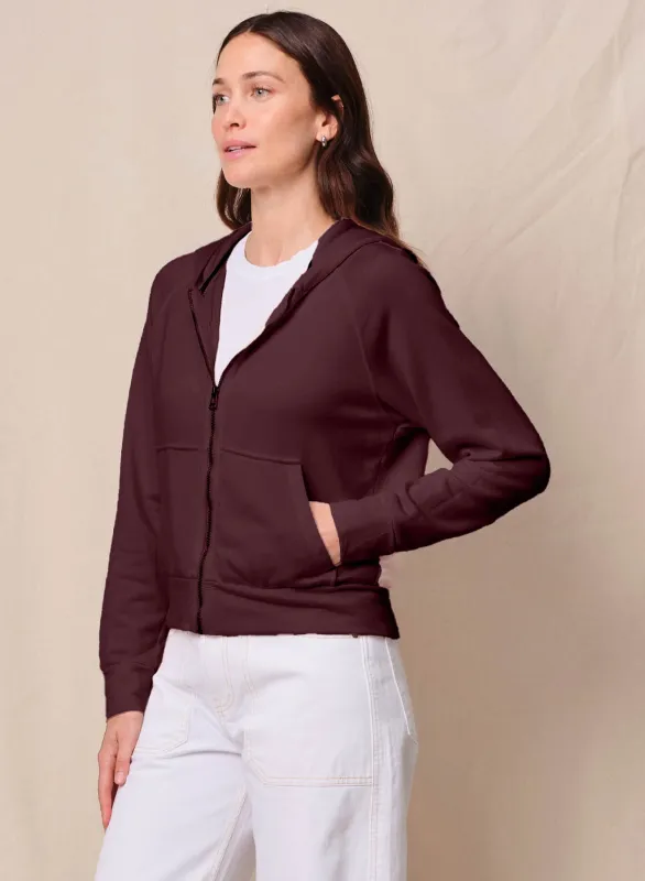 Softest Fleece Raglan Hood Zip Up in Cabernet sold by Bailey 44