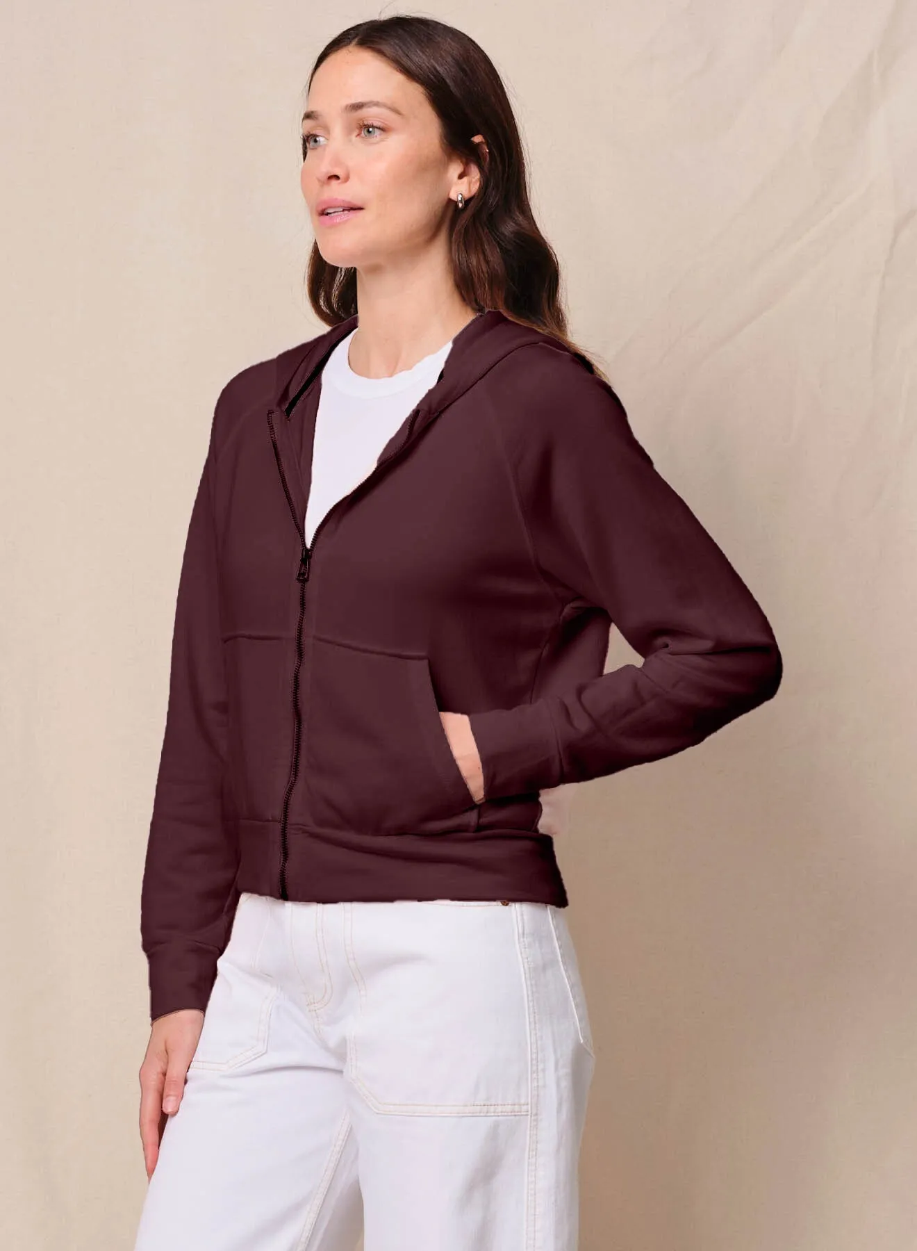 Softest Fleece Raglan Hood Zip Up in Cabernet sold by Bailey 44