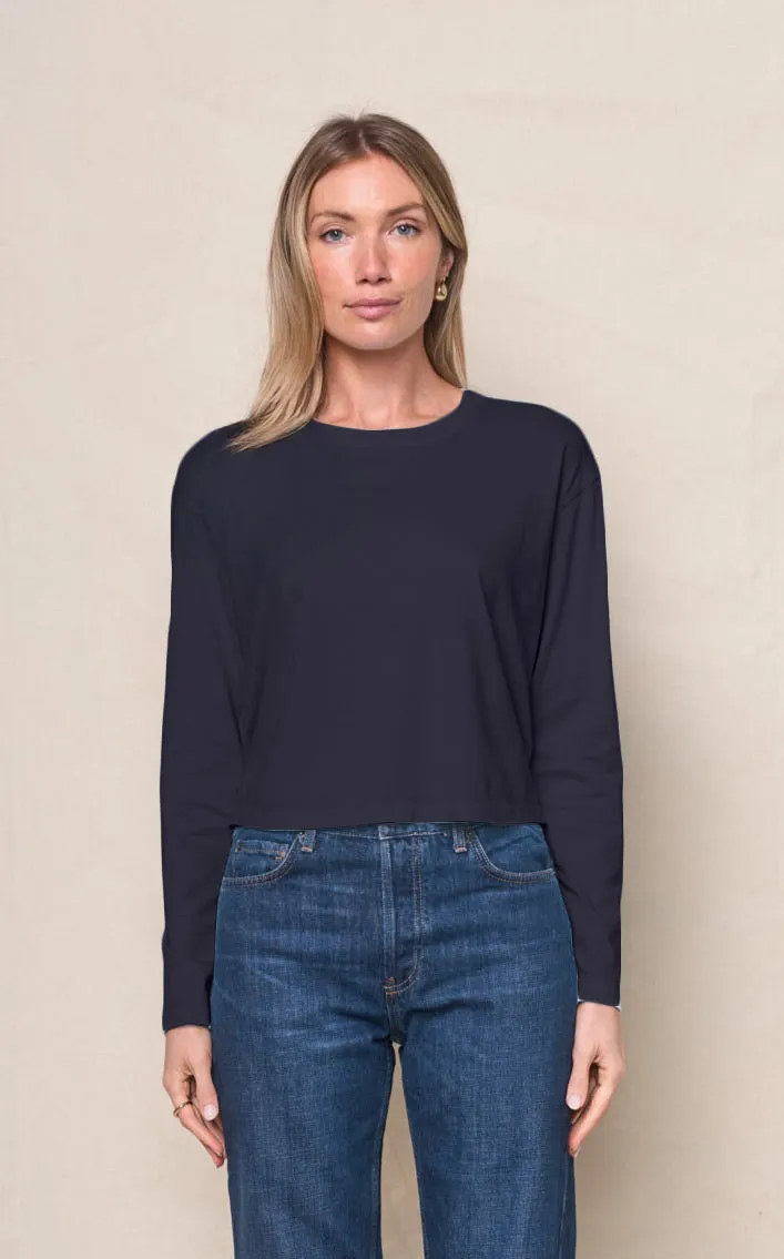 Cloud Jersey Long Sleeve Boxy Crew in New Navy sold by Bailey 44