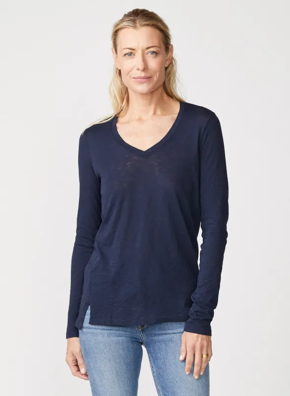 Supima Cotton Slub Jersey Long Sleeve V-Neck in New Navy sold by Bailey 44
