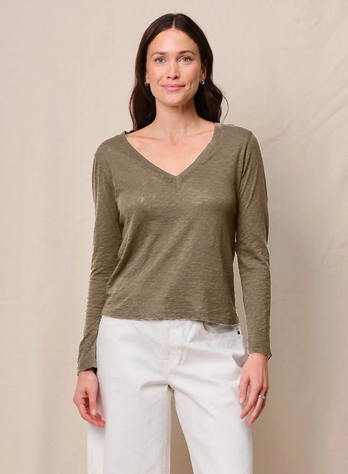 Supima Cotton Slub Jersey Long Sleeve V-Neck in Bay Leaf sold by Bailey 44