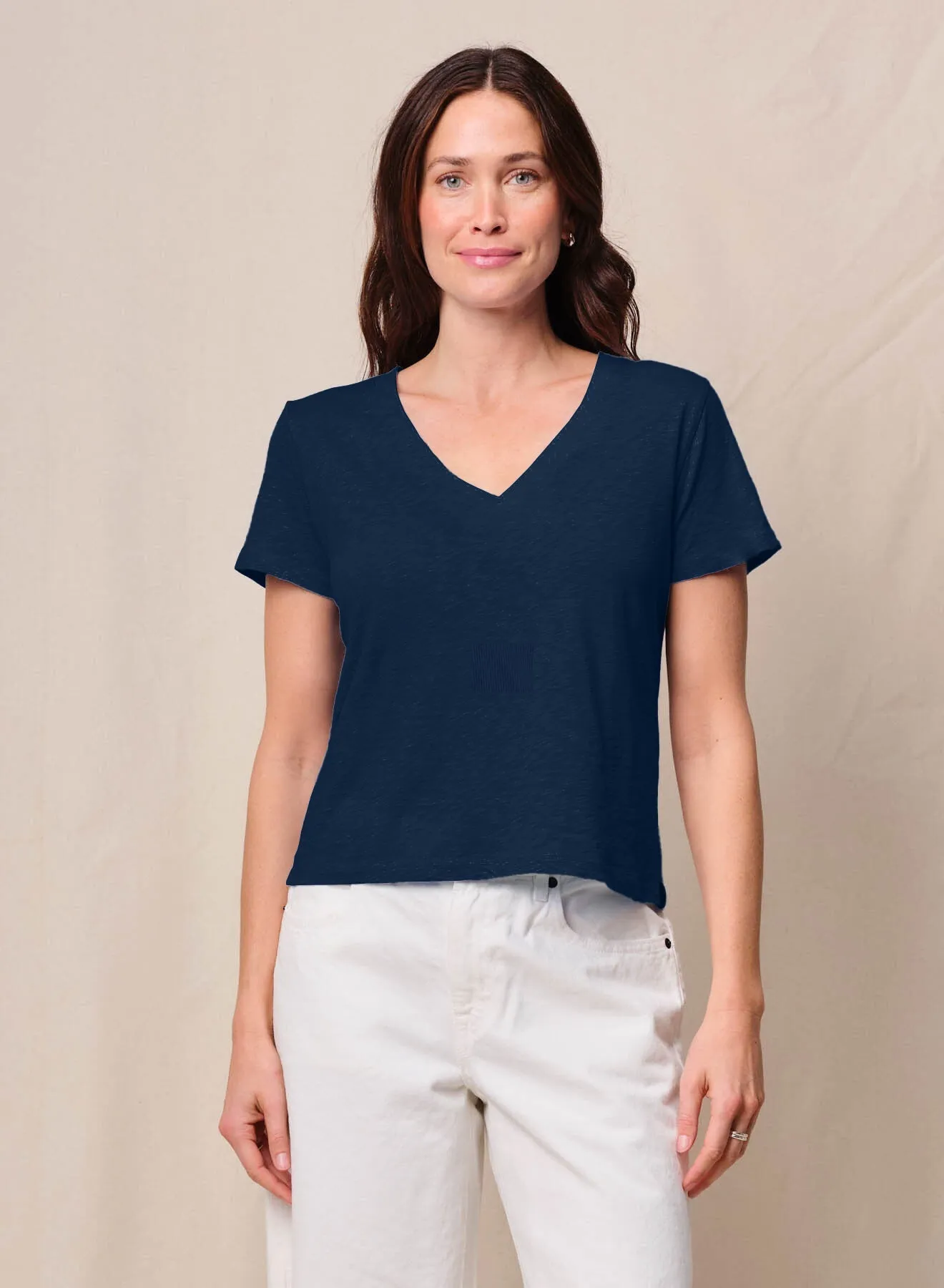 Supima Slub Jersey Short Sleeve V-Neck in New Navy sold by Bailey 44
