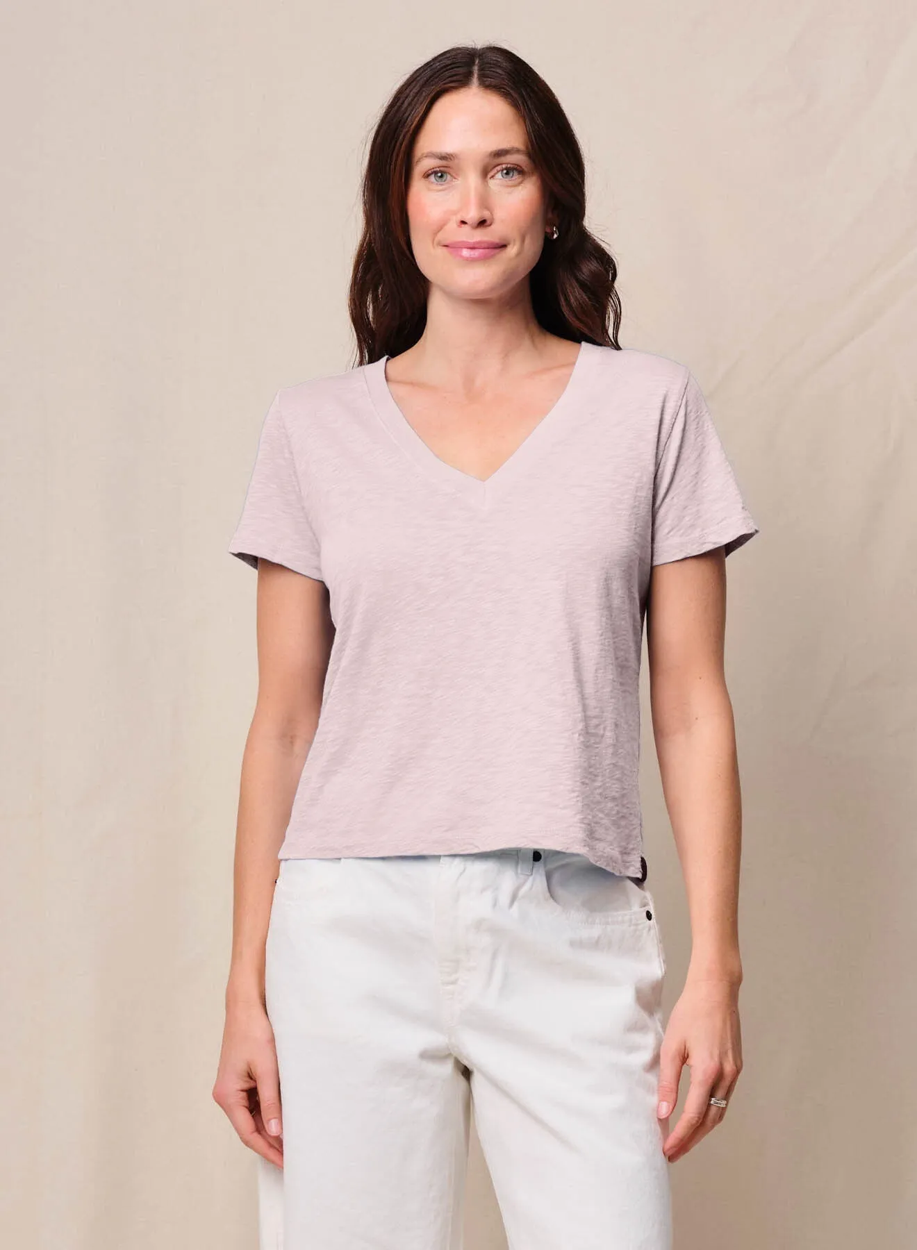 Supima Slub Jersey Short Sleeve V-Neck in Softest Pink sold by Bailey 44