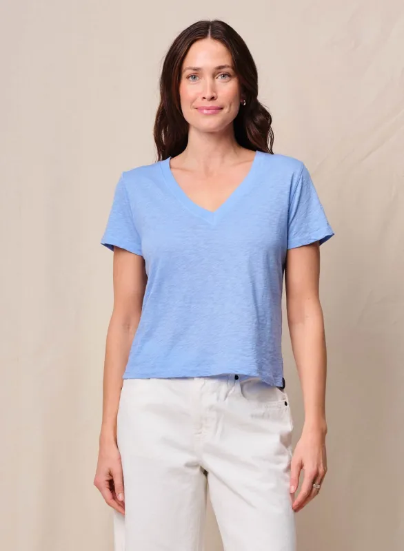 Supima Slub Jersey Short Sleeve V-Neck in Summer Sky sold by Bailey 44