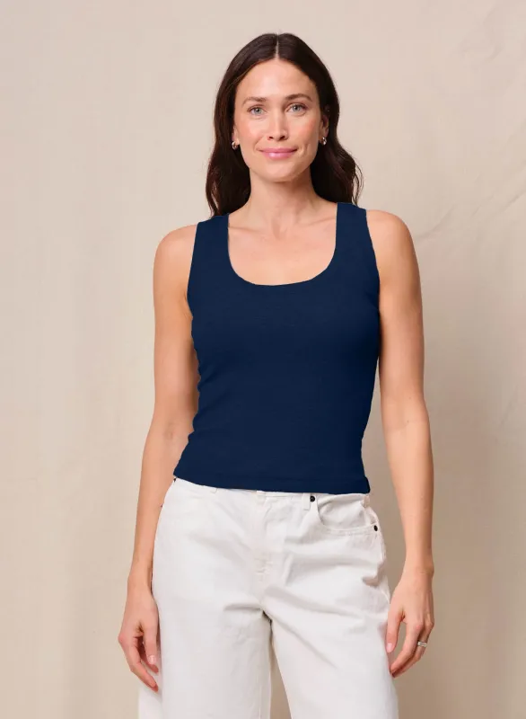 Fine 2X1 Rib Scoop Tank in New Navy sold by Bailey 44
