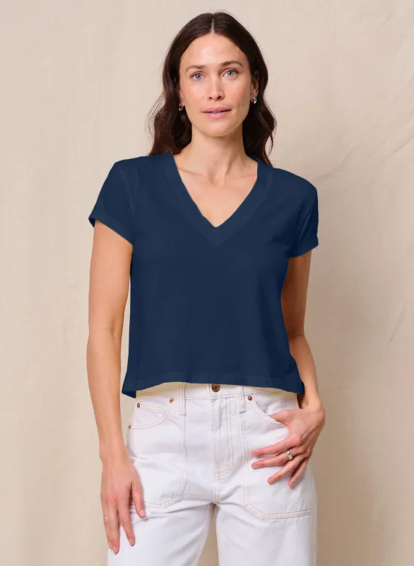 Cloud Jersey Short Sleeve V-Neck in New Navy sold by Bailey 44