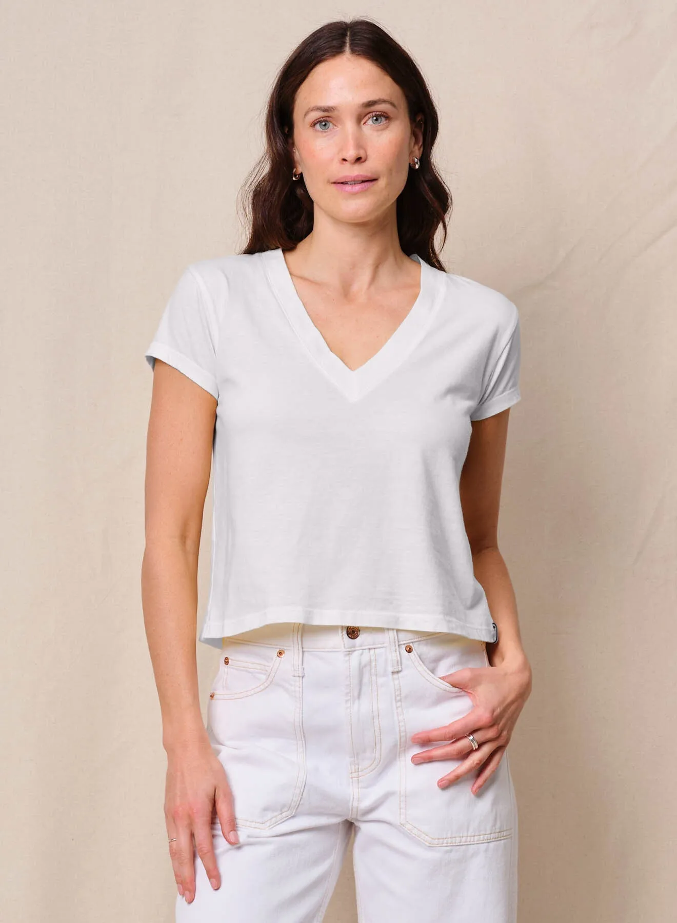 Cloud Jersey Short Sleeve V-Neck in White sold by Bailey 44