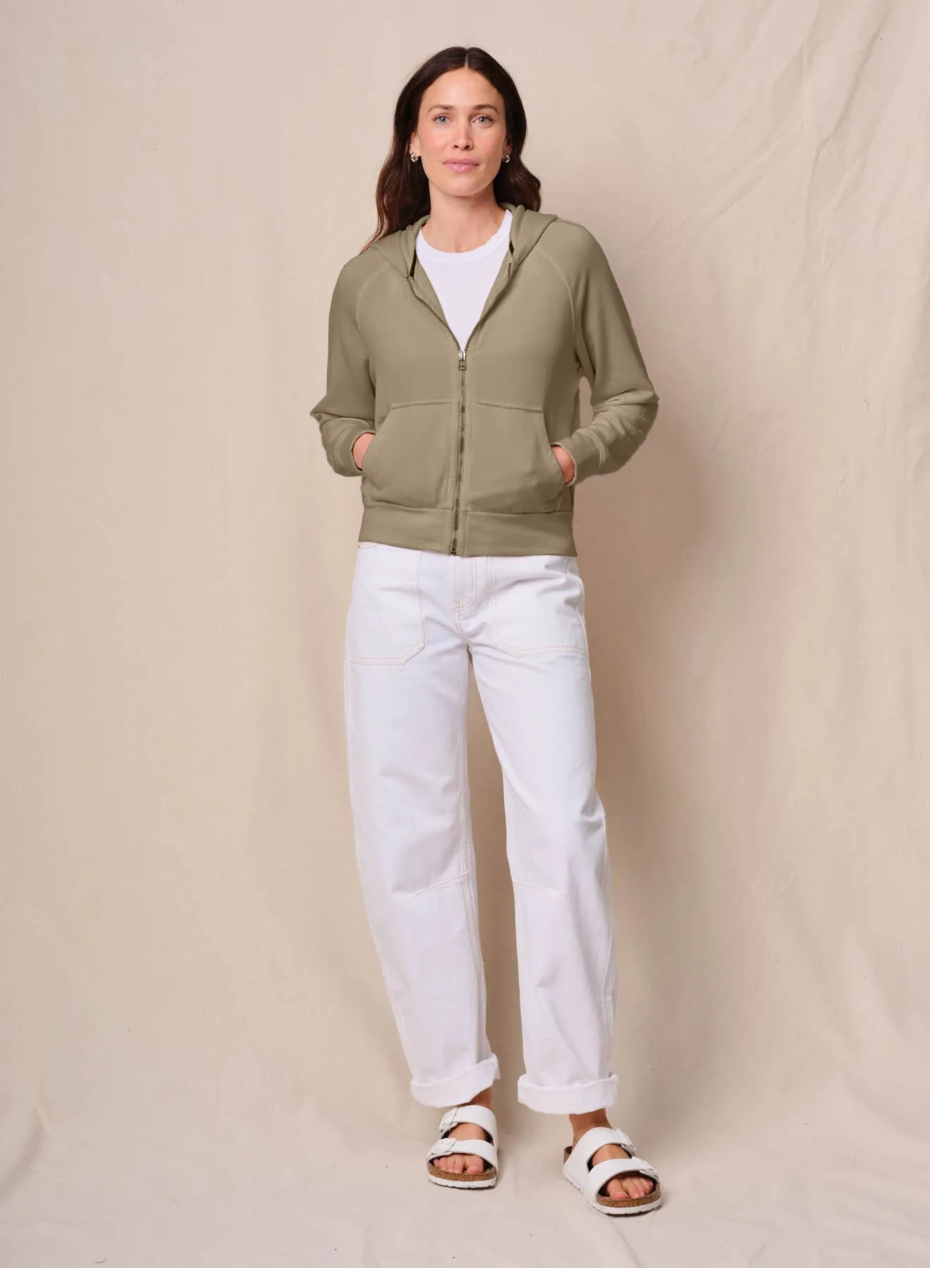Softest Fleece Raglan Hood Zip Up in Bay Leaf sold by Bailey 44
