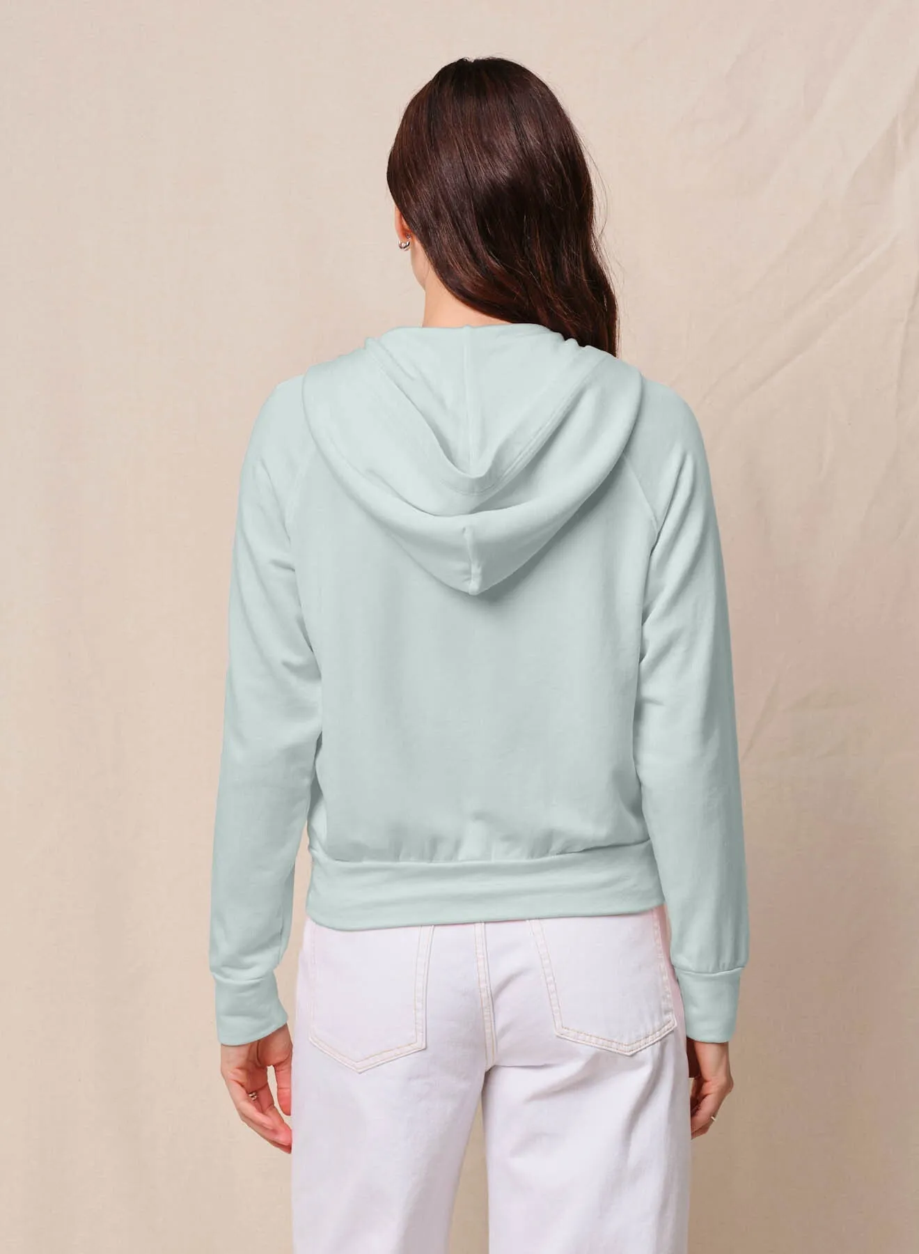 Softest Fleece Raglan Hood Zip Up in Sea Glass sold by Bailey 44 product image thumbnail 3