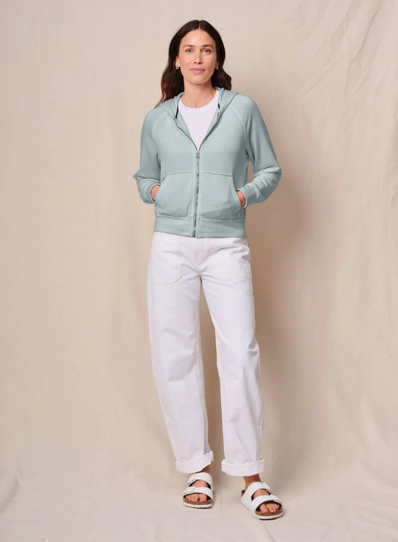 Softest Fleece Raglan Hood Zip Up in Sea Glass sold by Bailey 44