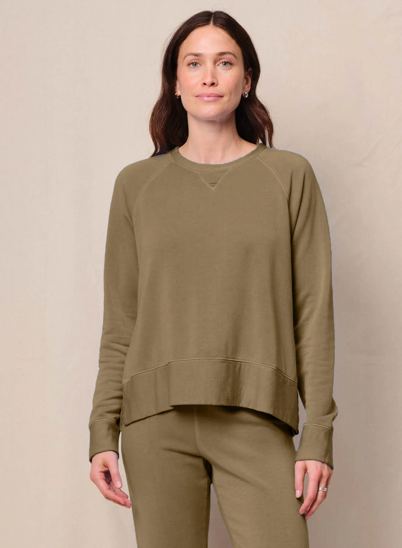 Softest Fleece Raglan Side Slit Sweatshirt in Bay Leaf sold by Bailey 44