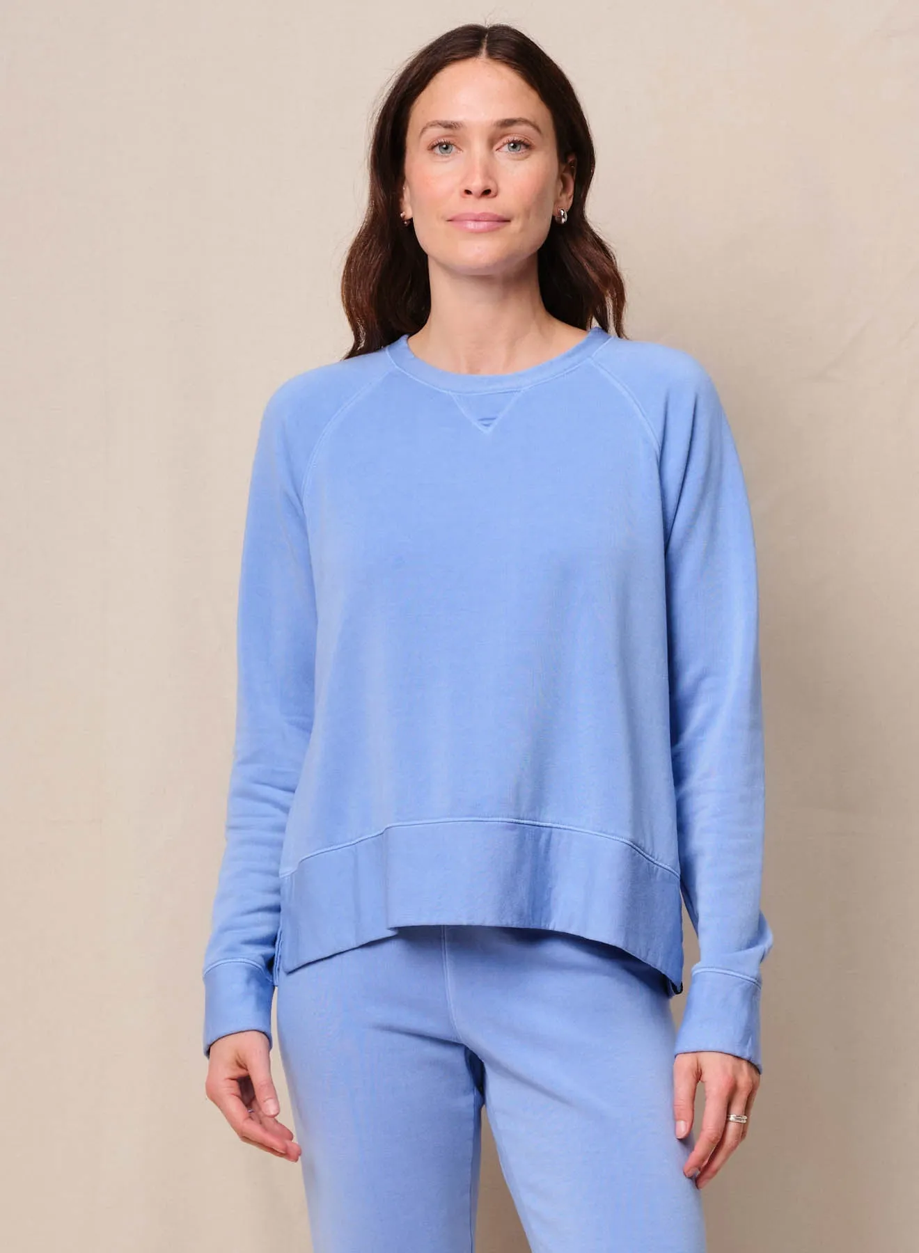 Softest Fleece Raglan Side Slit Sweatshirt in Summer Sky sold by Bailey 44
