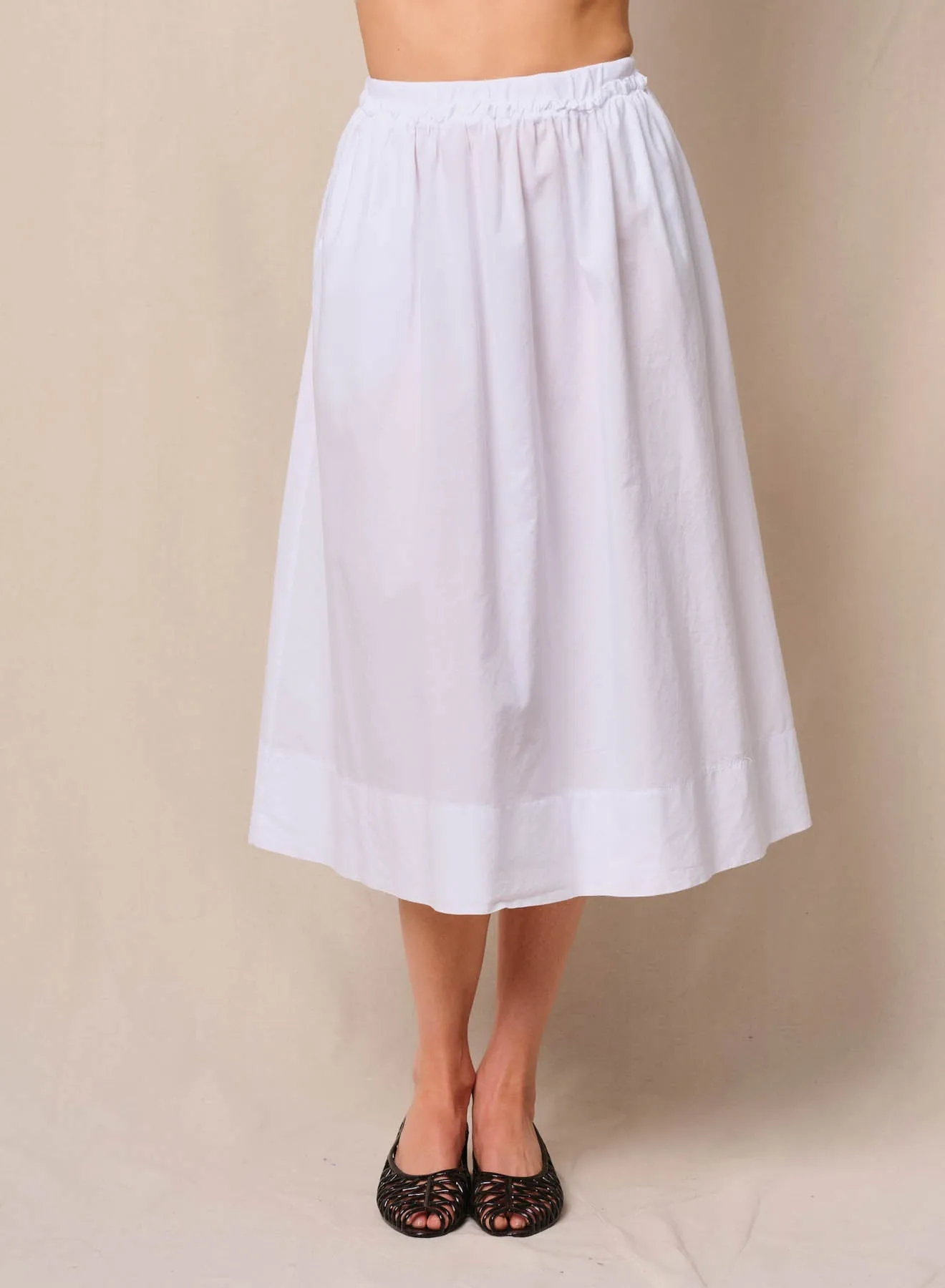 Voile Ribbed Waist Midi Skirt in White sold by Bailey 44
