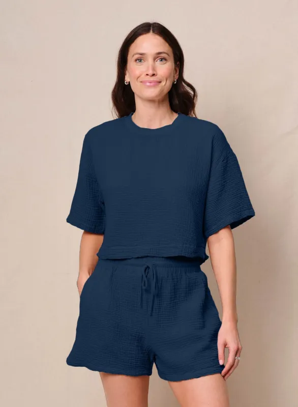 Gauze Boxy Top in New Navy sold by Bailey 44