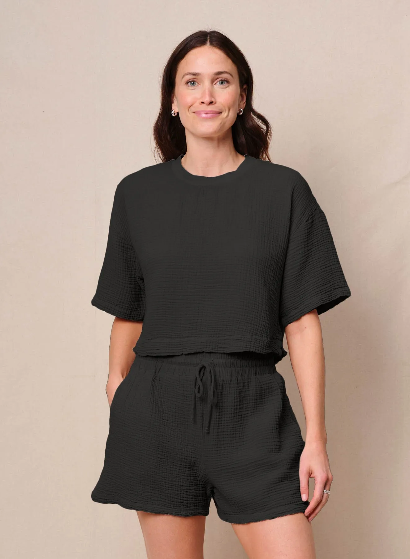 Gauze Boxy Top in Black sold by Bailey 44
