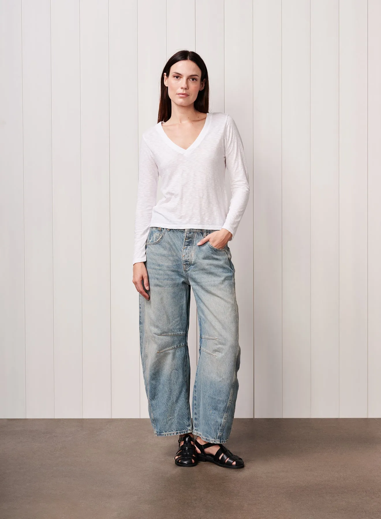 Supima Cotton Slub Jersey Long Sleeve V-Neck in White sold by Bailey 44