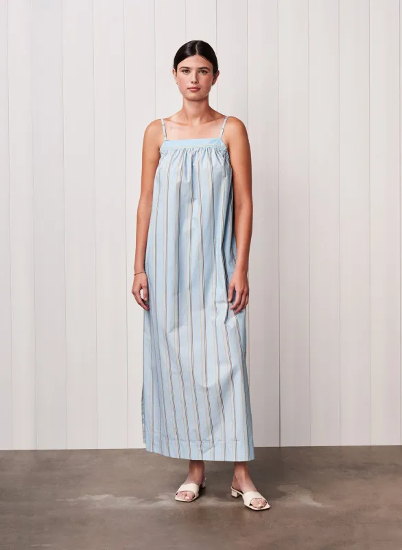 Column Stripe Poplin Maxi Dress in Blue Multi Stripe sold by Bailey 44