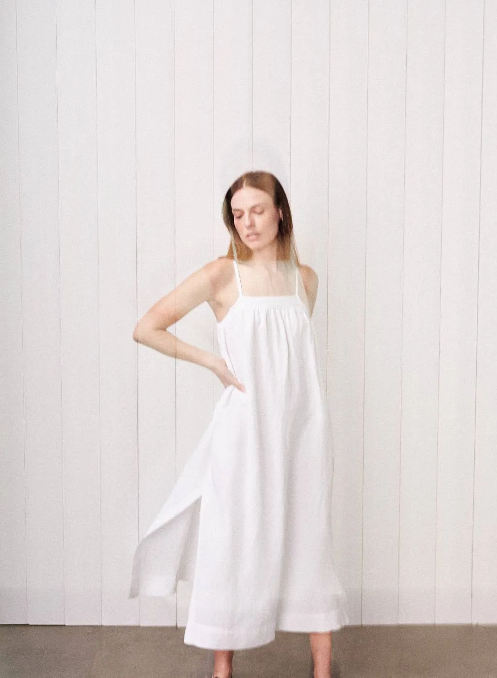 Linen A-Line Maxi Dress in White sold by Bailey 44