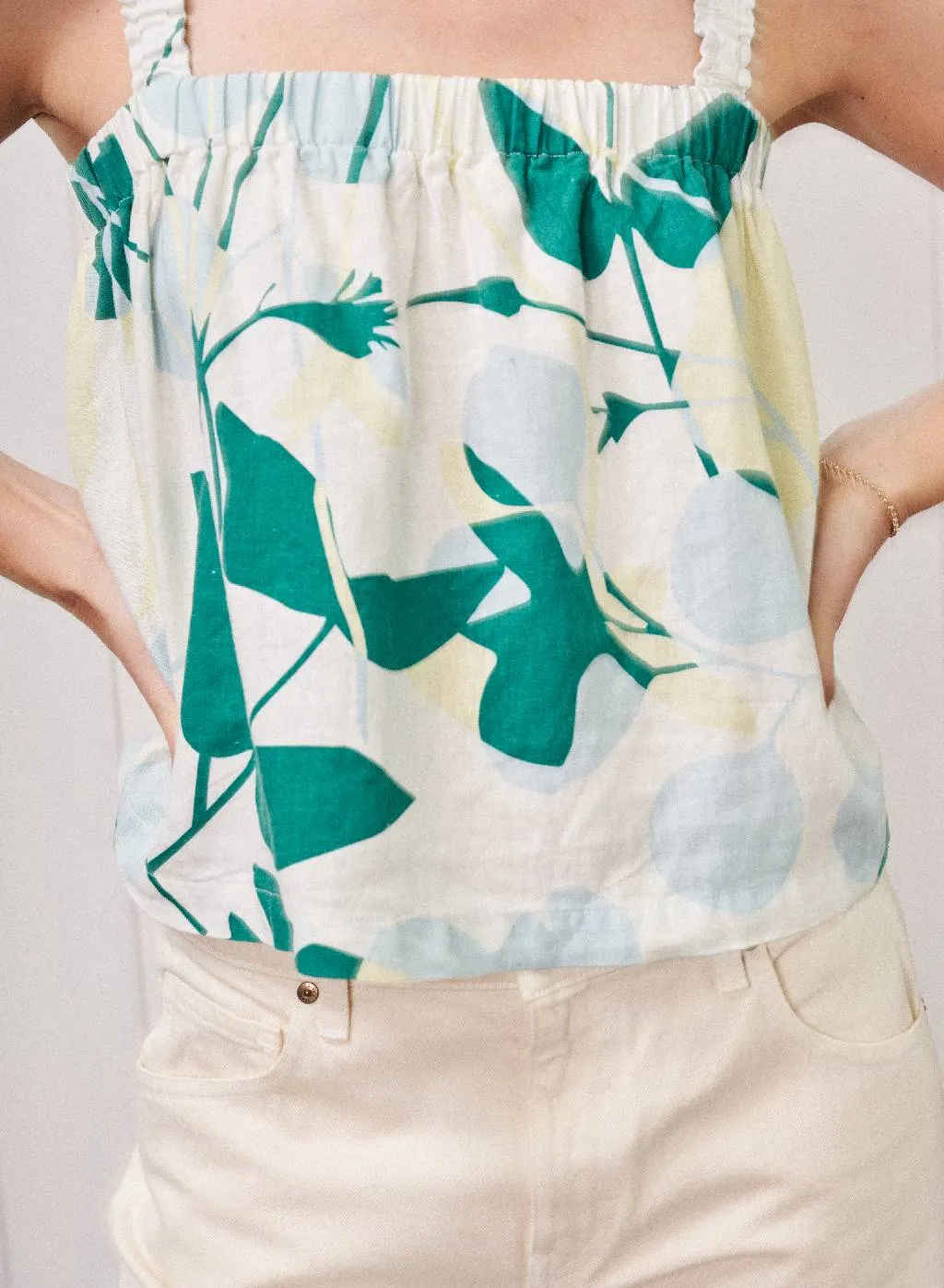 Blossom Printed Linen Ruched Shoulder Tank in Blue Blossom sold by Bailey 44 product image thumbnail 4