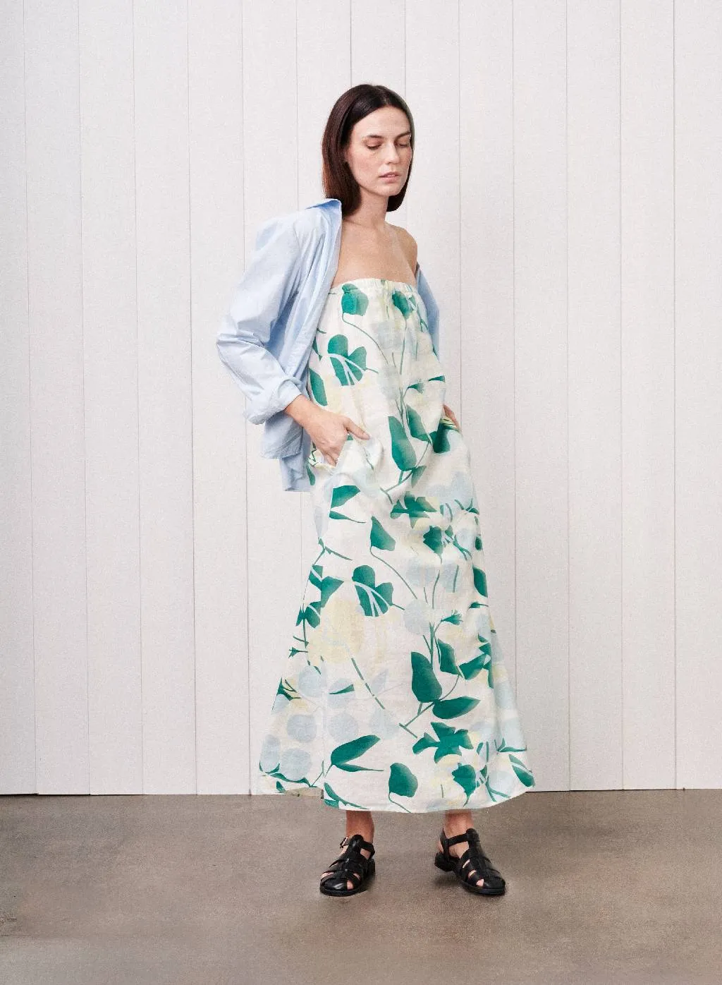 Blossom Printed Linen Column Maxi Dress in Blue Blossom sold by Bailey 44