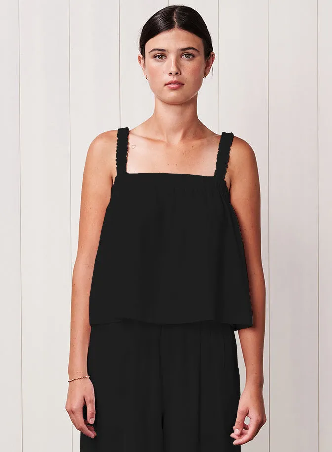 Linen Ruched Shoulder Tank in Black sold by Bailey 44